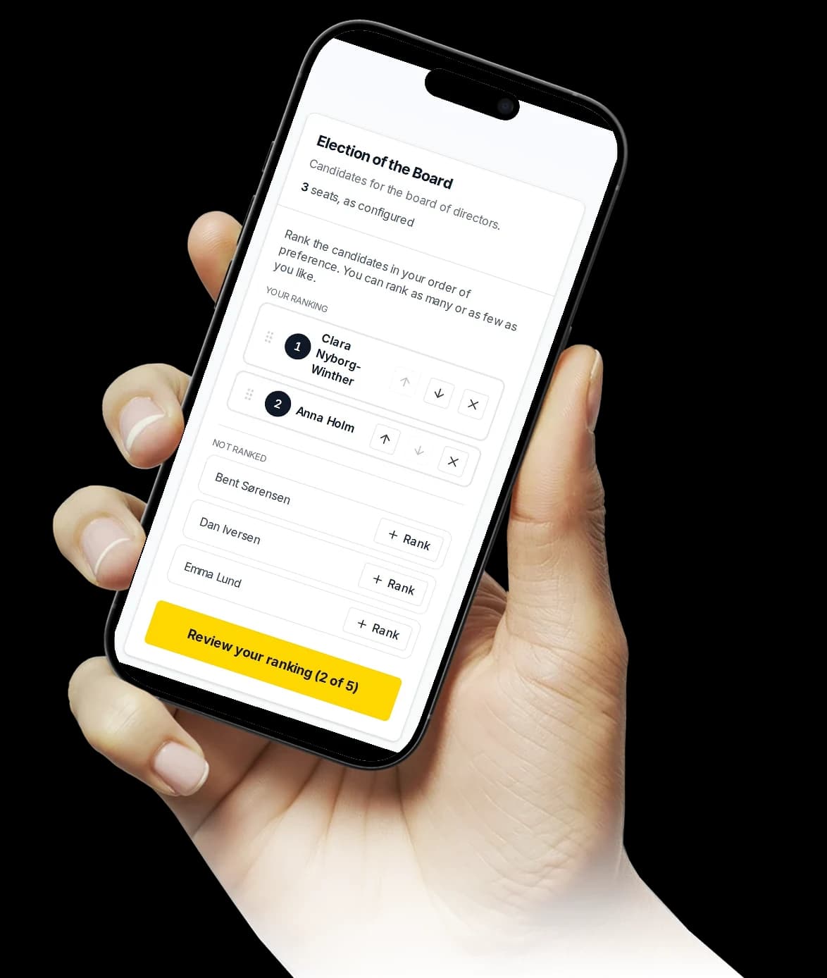 A voter’s ranked ballot for a three-seat board election on a phone: two candidates ranked, three not yet ranked, and a button to review the ranking